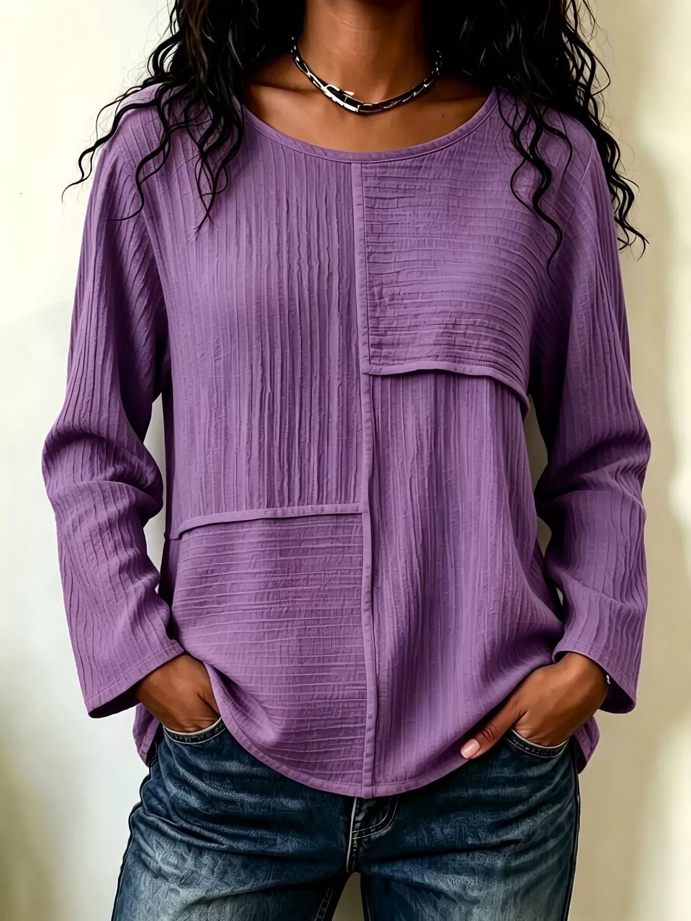 Trendsi Textured Patchwork Long Sleeve Casual T-Shirt -