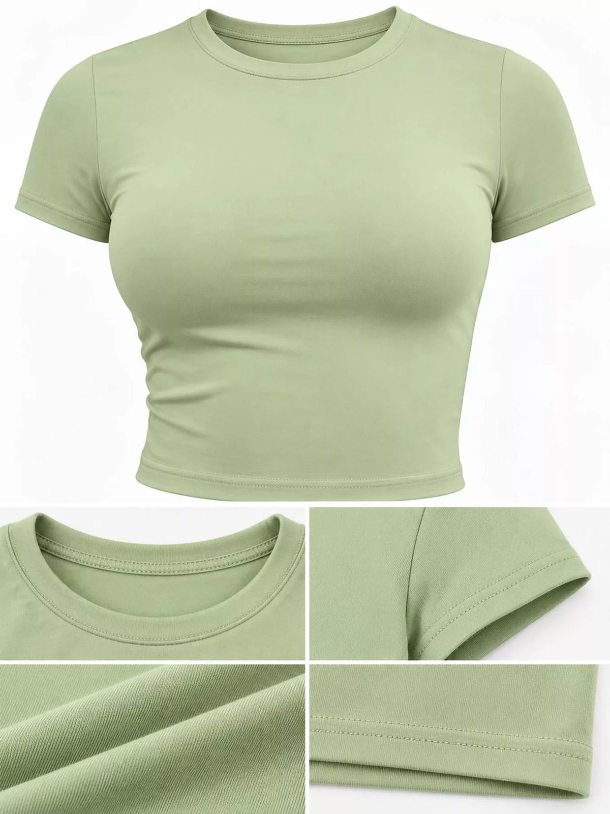 Light green crew neck crop T-shirt, fabric and neckline detail collage
