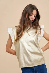 Trendsi Annie Wear Mix Media Metallic Knit Ruffle Sleeve Top - Shirts