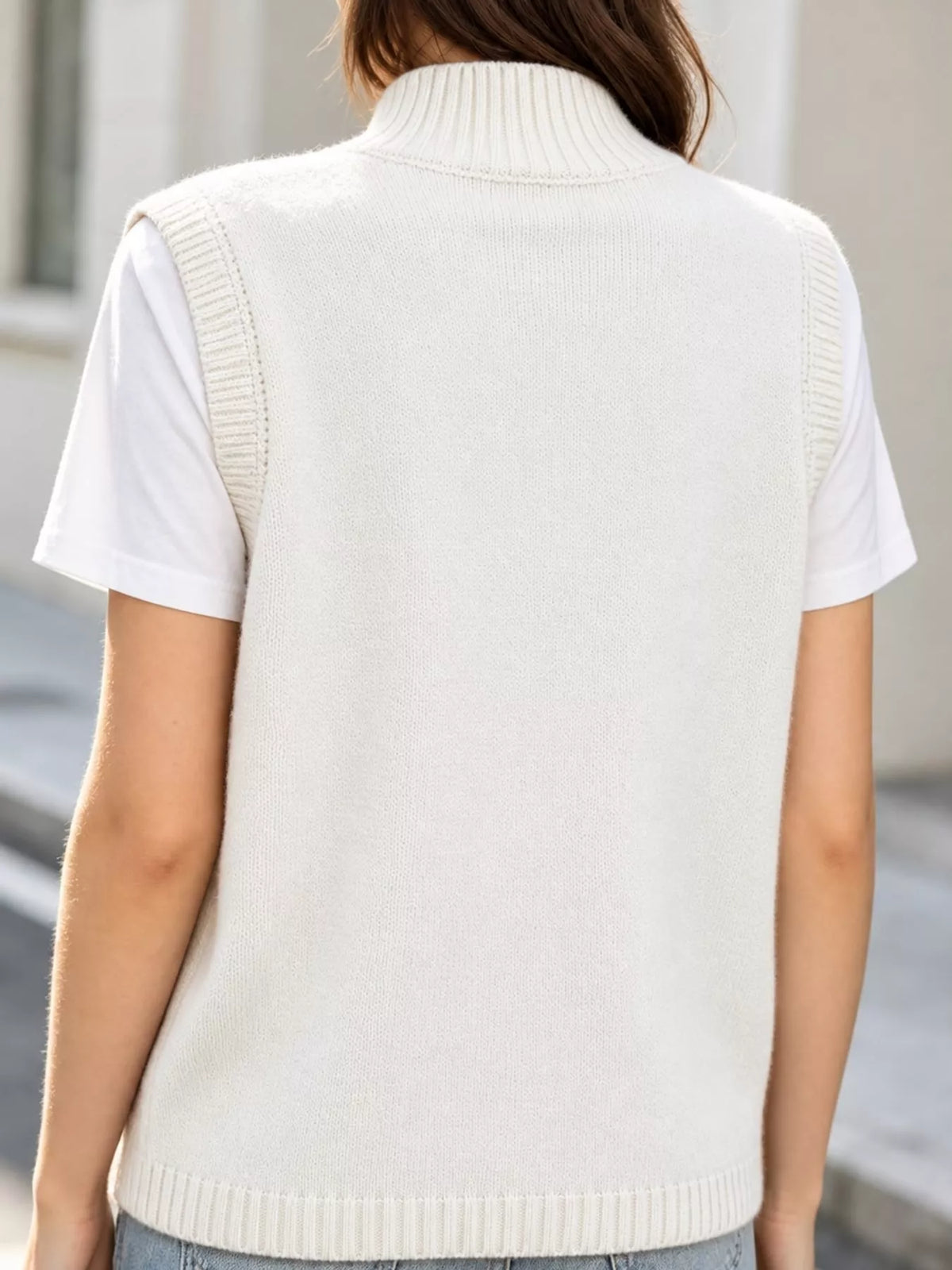 Mock Neck Asymmetrical Hem Knit Sweater Vest, back view in white