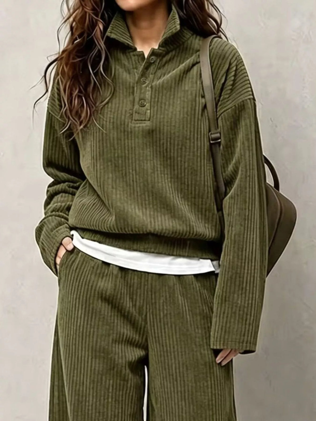 Women's Corduroy Button Detail Top and Wide-Leg Pants Set in olive — bodice detail view