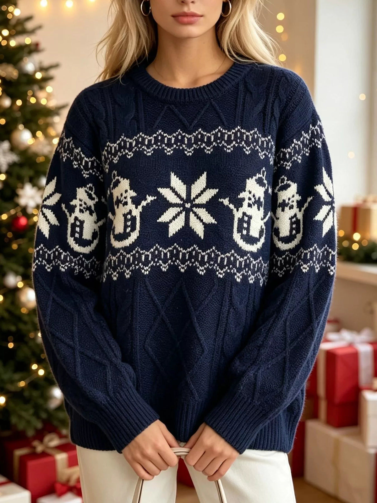 Navy christmas snowman cable-knit sweater, standing front view.