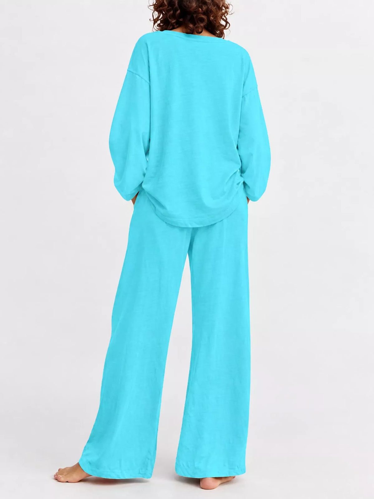 Women's Round Neck Top and Drawstring Wide-Leg Pants Set in turquoise — back view