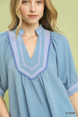 Trendsi Umgee Textured Jacquard Contrast Trim Top -