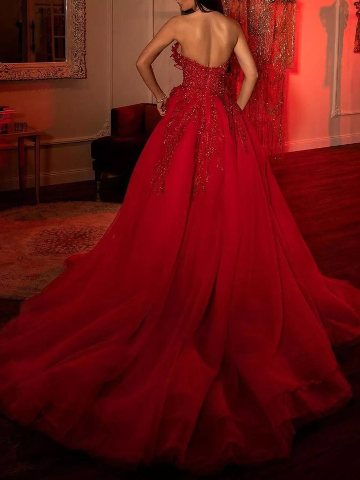 Strapless sequin gown, red gown back and train