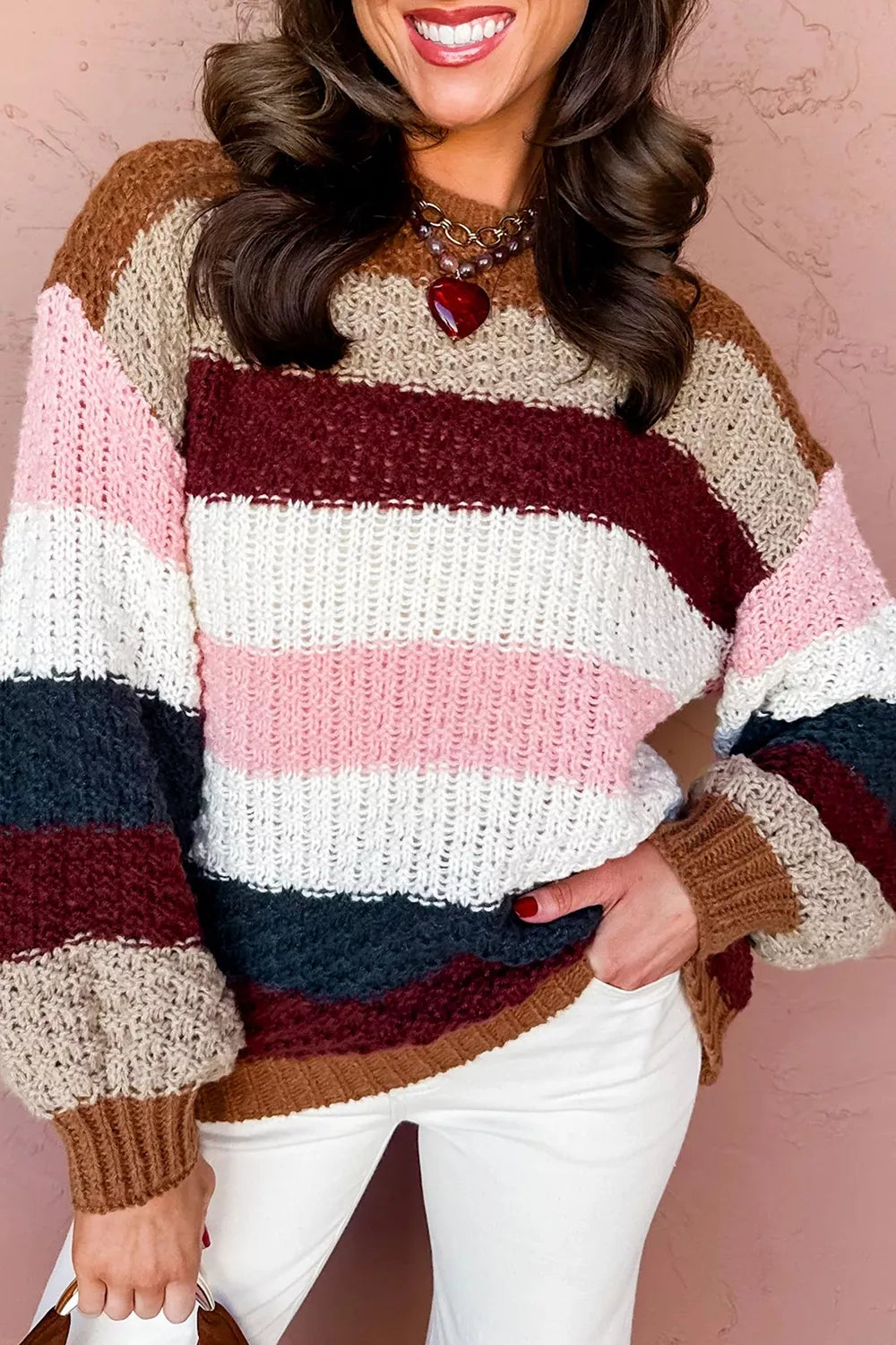 Trendsi Striped Knit Dropped Shoulder Round Neck Sweater -