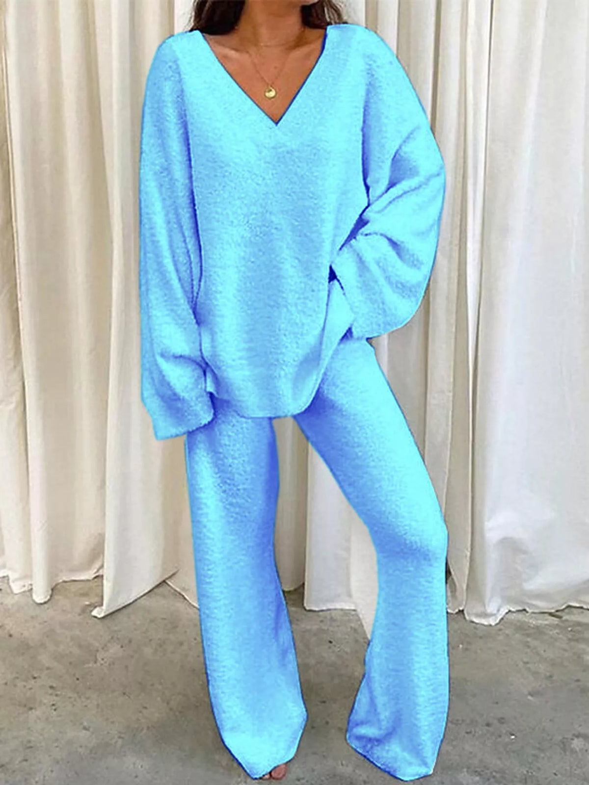 V-Neck Top and Wide Leg Pants Lounge Set in light blue