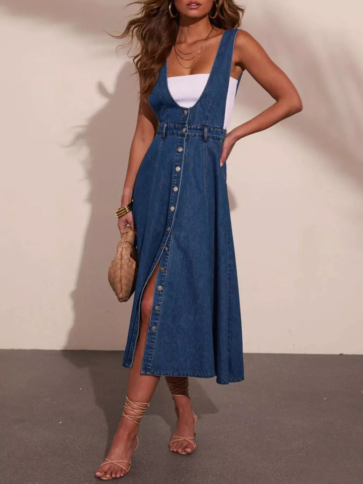 Trendsi Button Front Denim Overall Midi Dress -