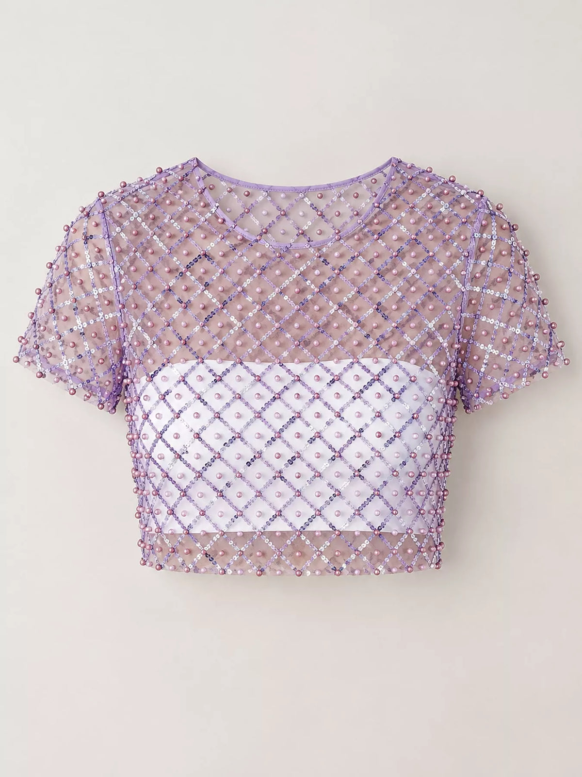 Sheer Mesh Pearl Embellished Crop Blouse in purple