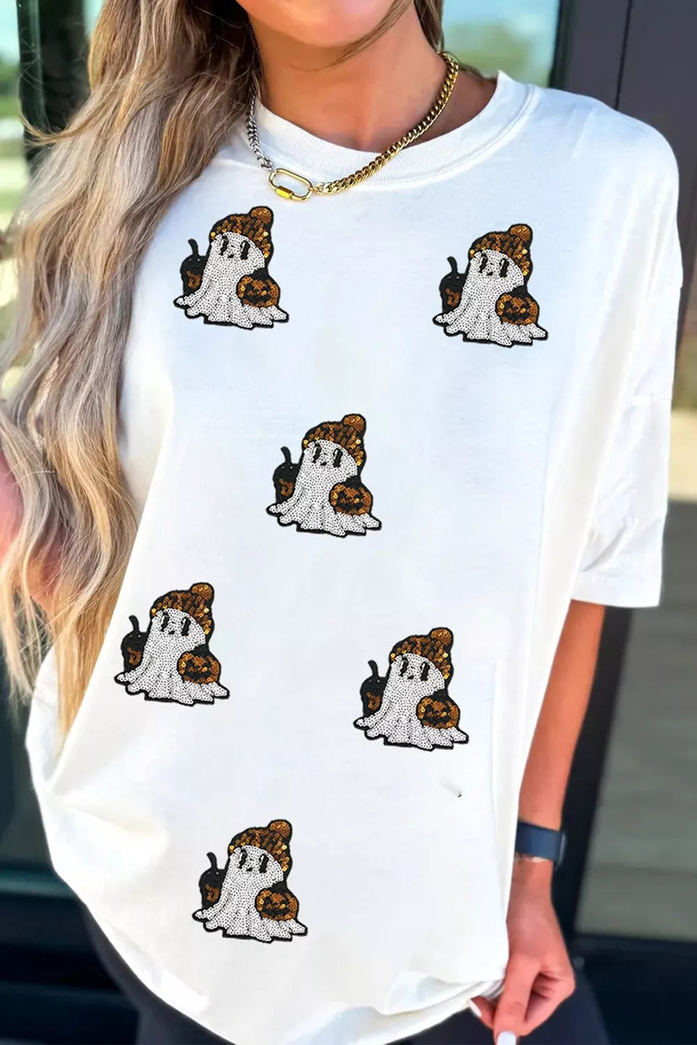 Trendsi Full Size Halloween Sequin Ghost Print Short Sleeve Casual T-Shirt Plus Size -