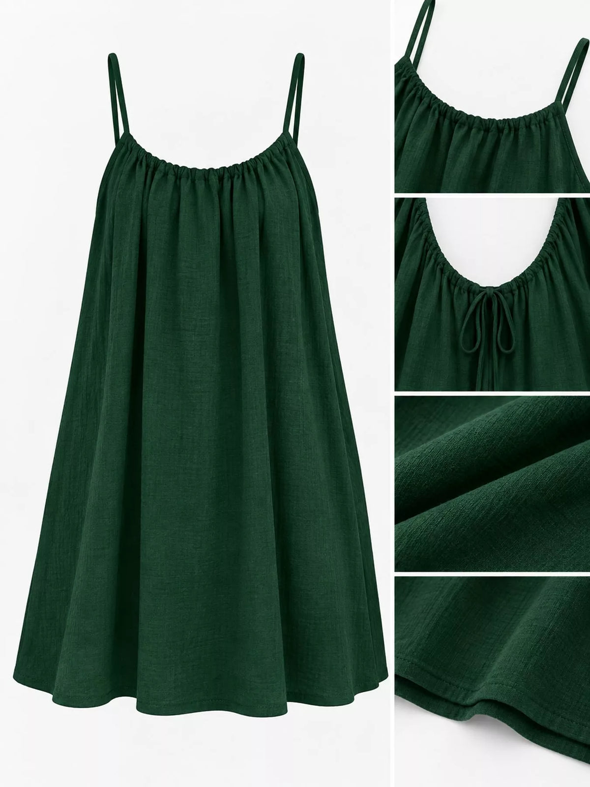 Forest green spaghetti strap A-line mini dress with open tie back, front, back and construction details