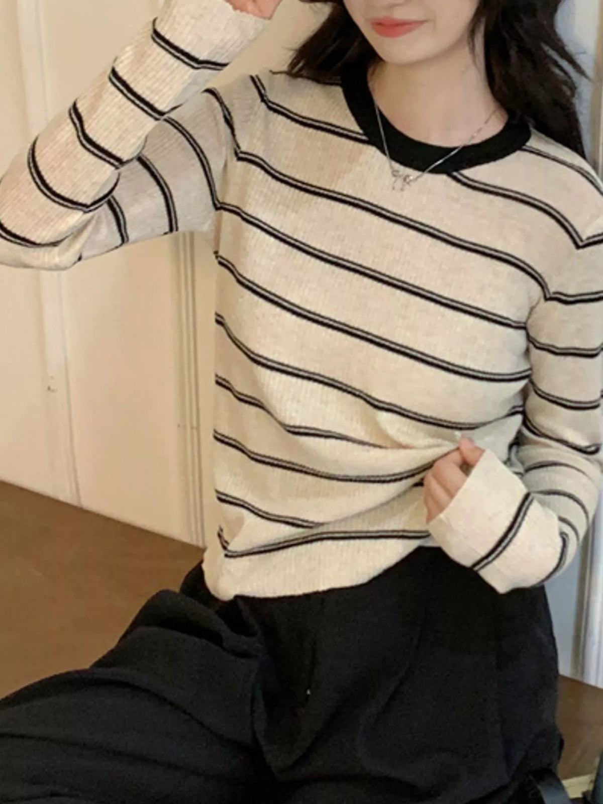 Striped Round Neck Ribbed Knit Top, detail view in cream and black