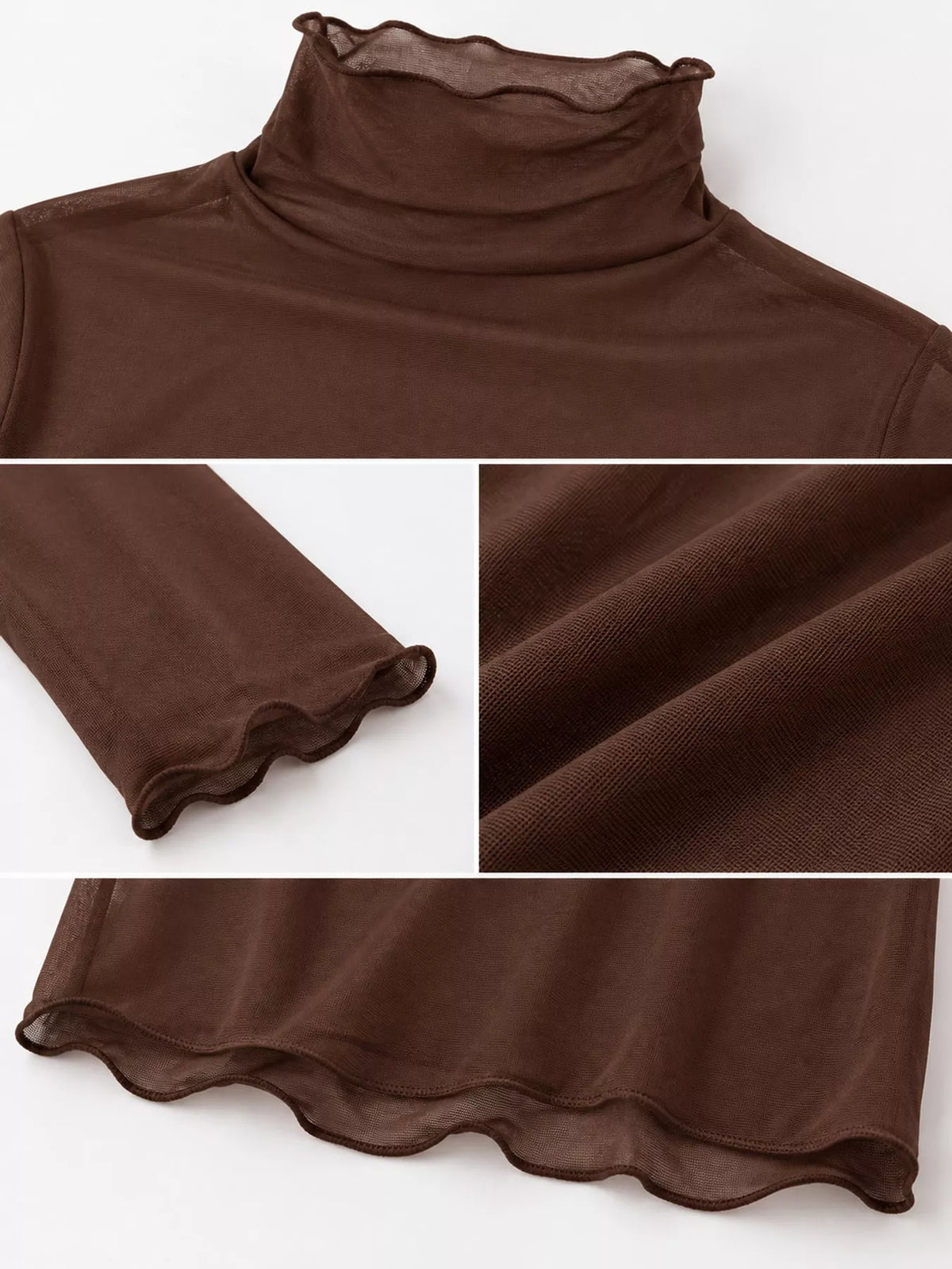 Brown sheer turtleneck mesh t-shirt, lettuce-trim neckline, cuff, hem, and sheer fabric close-ups
