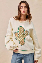 Trendsi BiBi Cactus Embroidered Fleece Sweatshirt -