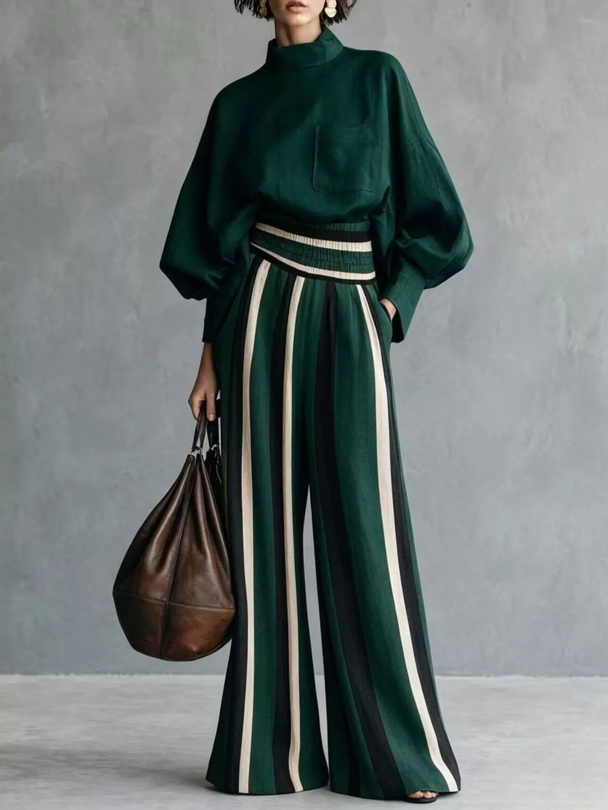 Green mock-neck blouse and striped wide-leg trouser set — front view