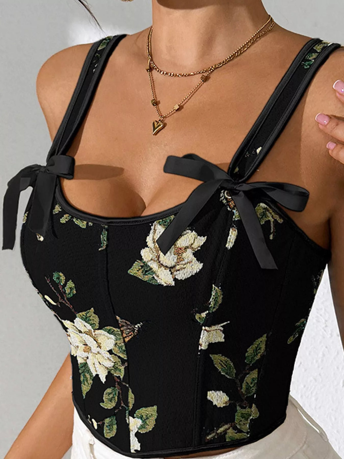 Black floral lace-up back tank