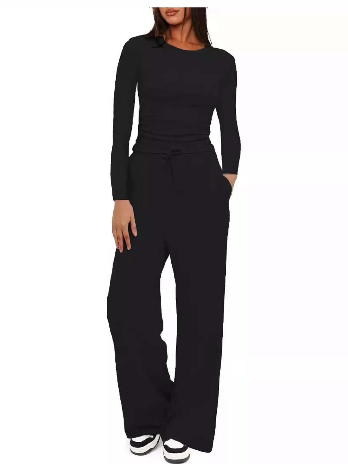 Long Sleeve Ruched Top and Wide-Leg Drawstring Pants Set — front view