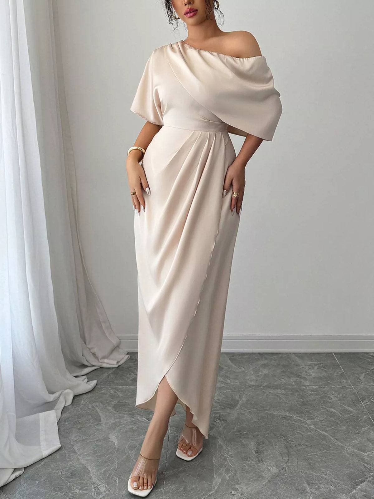 One-Shoulder Satin Maxi Dress in beige, front view