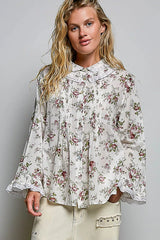Trendsi POL Floral Lace Trim Pintuck Button-Down Shirt -