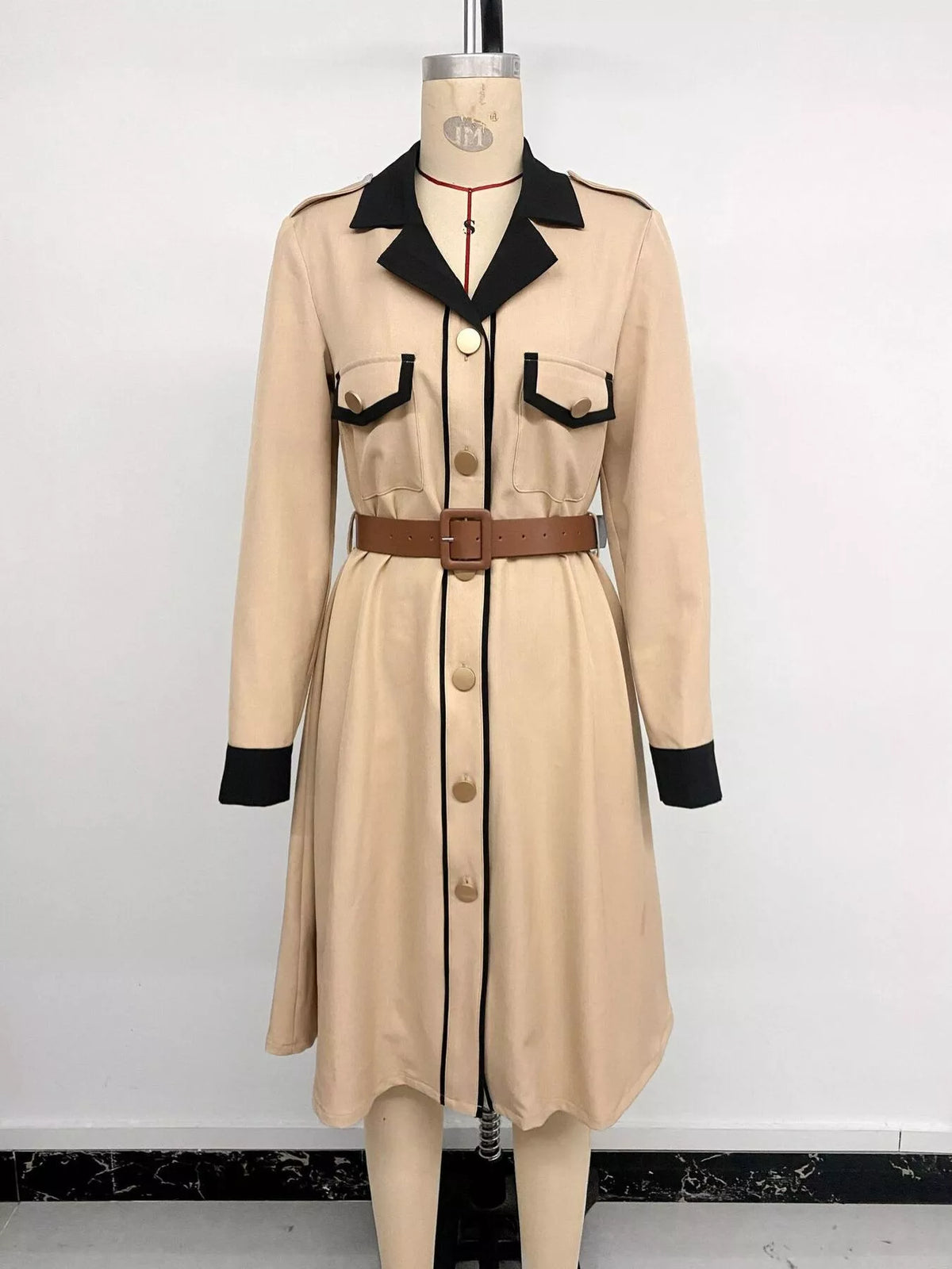 Contrast lapel button front midi shirt dress