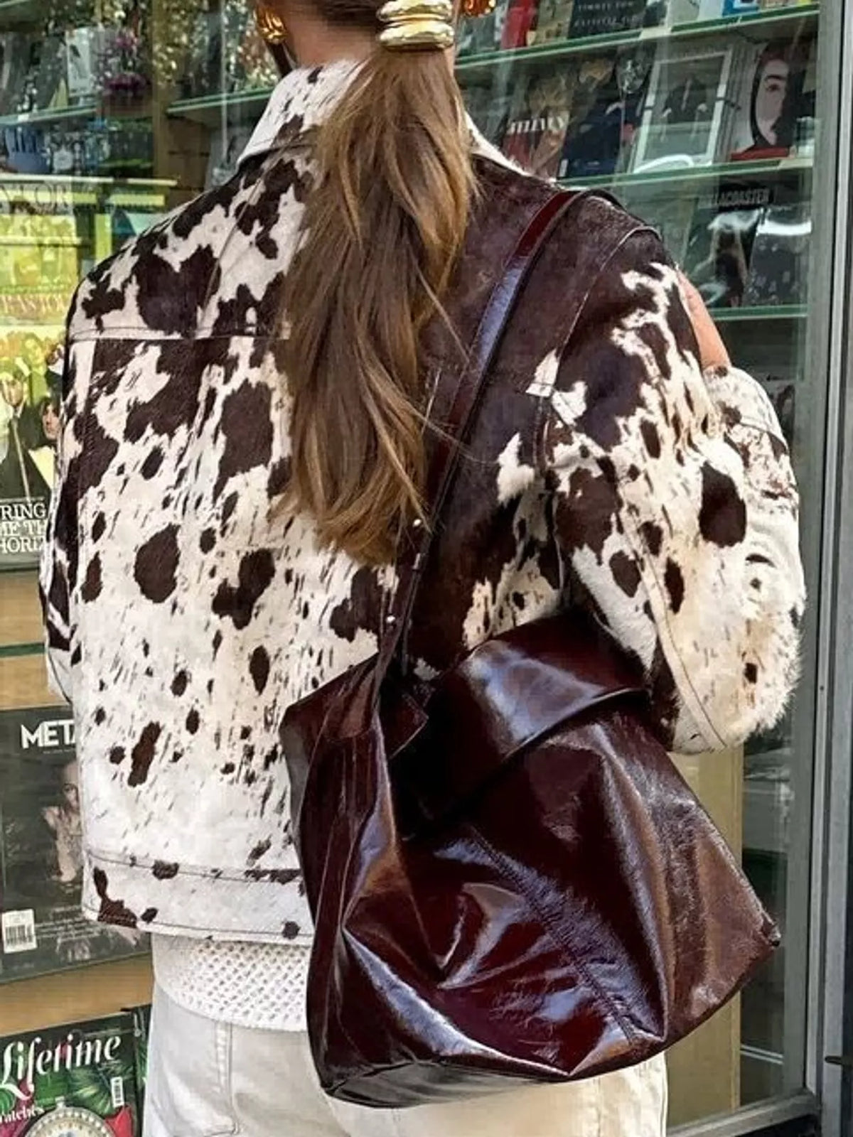 Women's Cow Print Button Up Jacket in brown and cream — back view