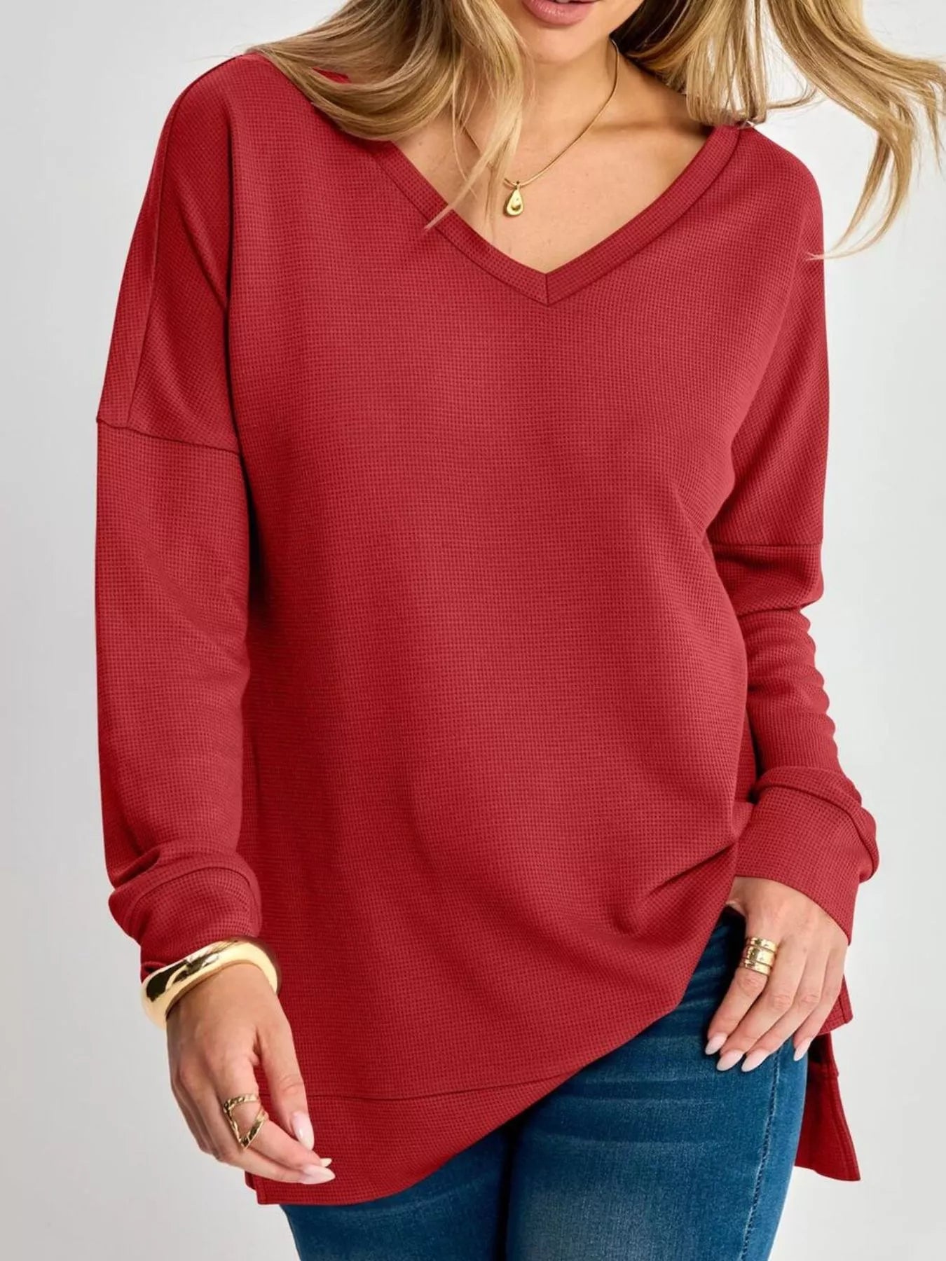 Trendsi Side Slit Waffle Knit V-Neck T-Shirt -