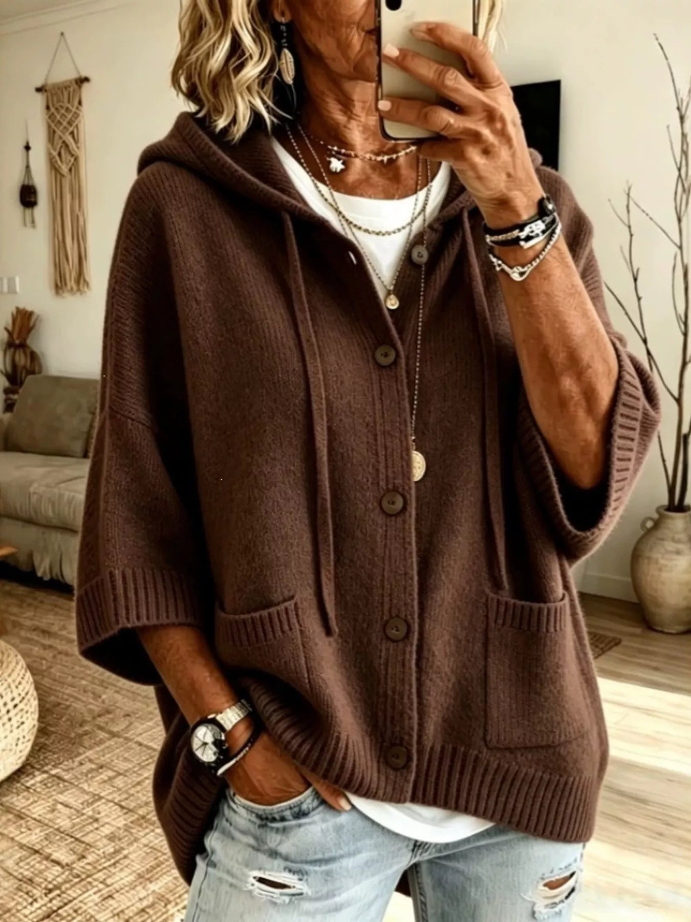 Trendsi Hooded Button-Down Knit Cardigan -