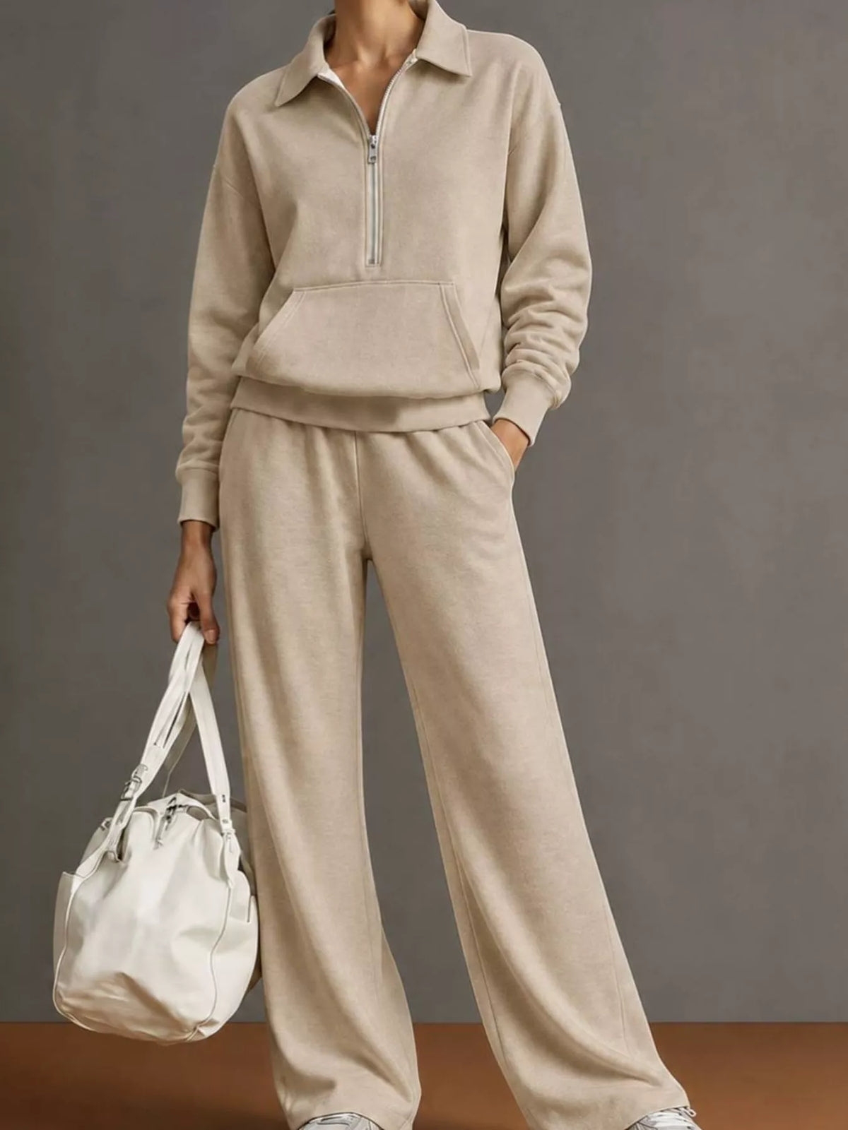 Collared long sleeve outfit set, front view on model