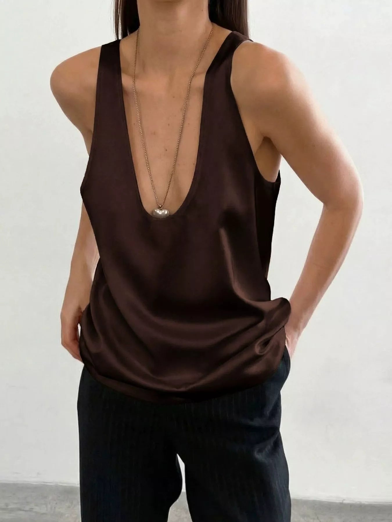 Trendsi Satin Deep V-Neck Tank -