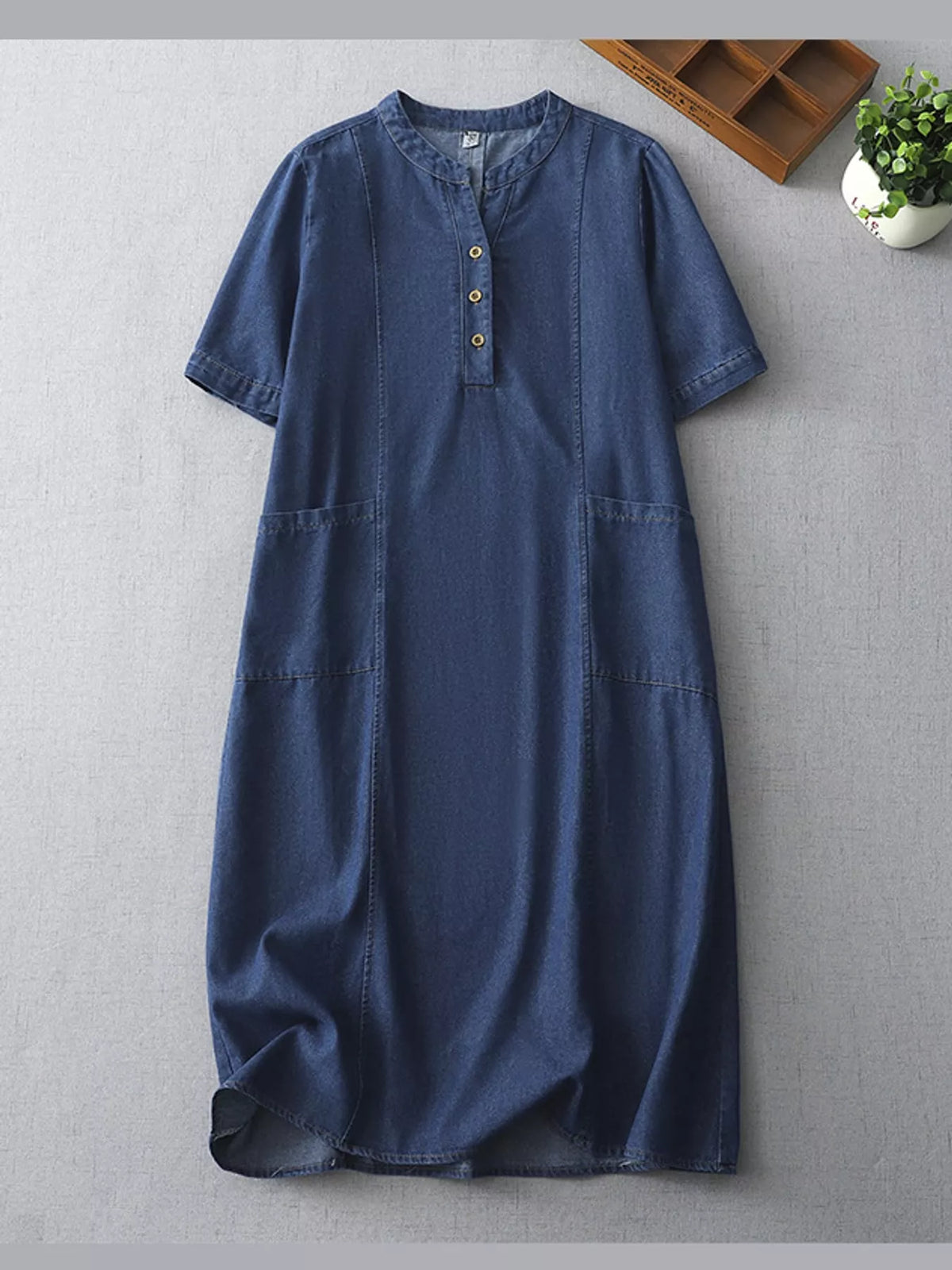 Blue button front denim shirt dress, front view