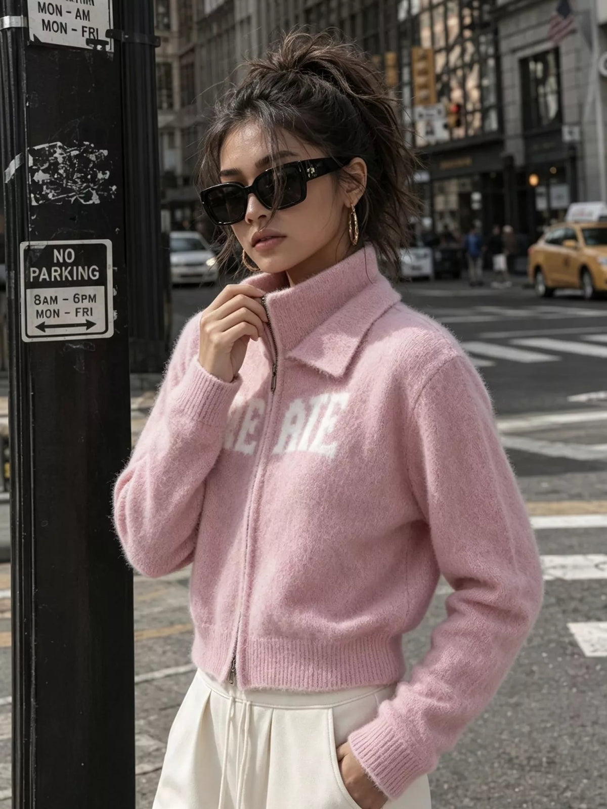 Pink fuzzy letter zip-up cardigan, front holding collar.