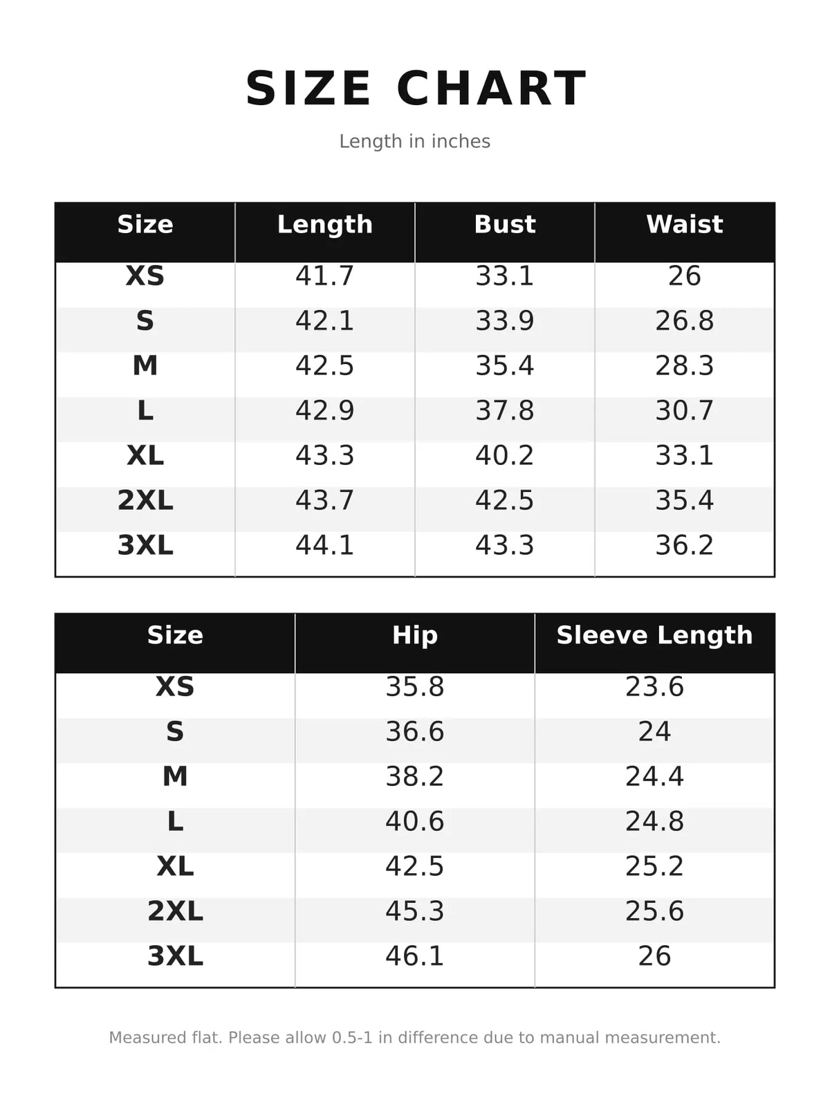 Size chart for women's zipper front midi dress