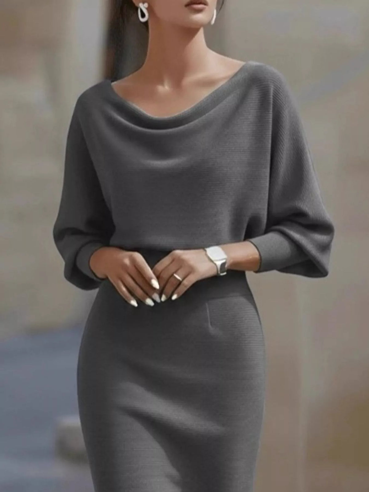 Cowl neck 3/4 sleeve knee dress, construction and design details