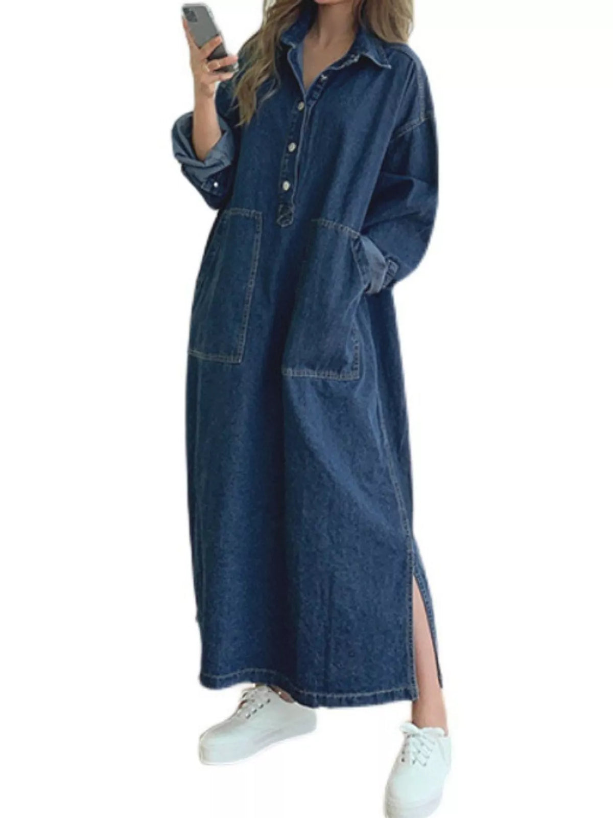 Blue button front denim shirt dress, side view