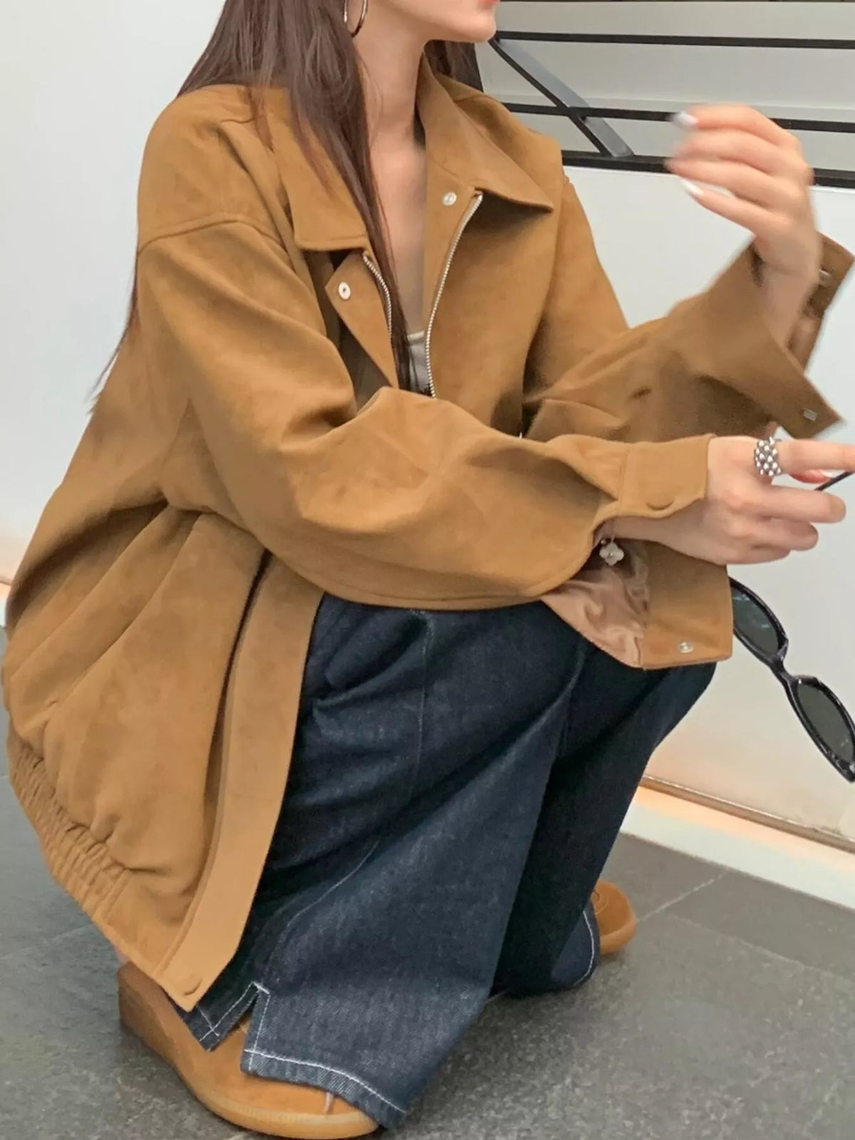 Zip-Up Elastic Hem Jacket — front view