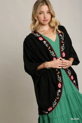 Trendsi Umgee Embroidery Open Front Kimono with Pleated Shoulder Detail -