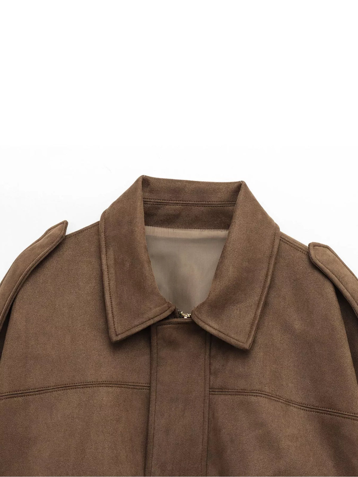 Faux Suede Collared Bomber Jacket — garment construction details