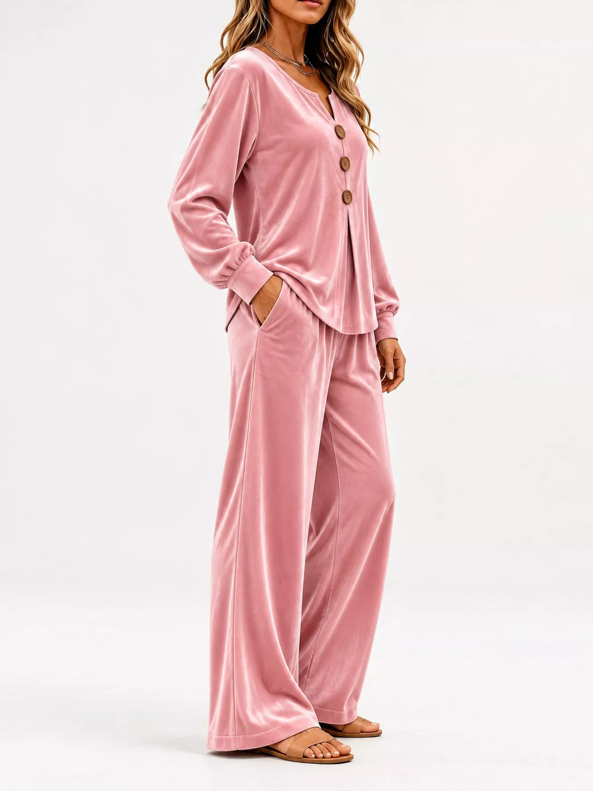 Pink decorative button top and pants set — side view