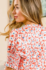 Trendsi BiBi Floral Jqd Smoked Puff Sleeves V Neck Top - Shirts