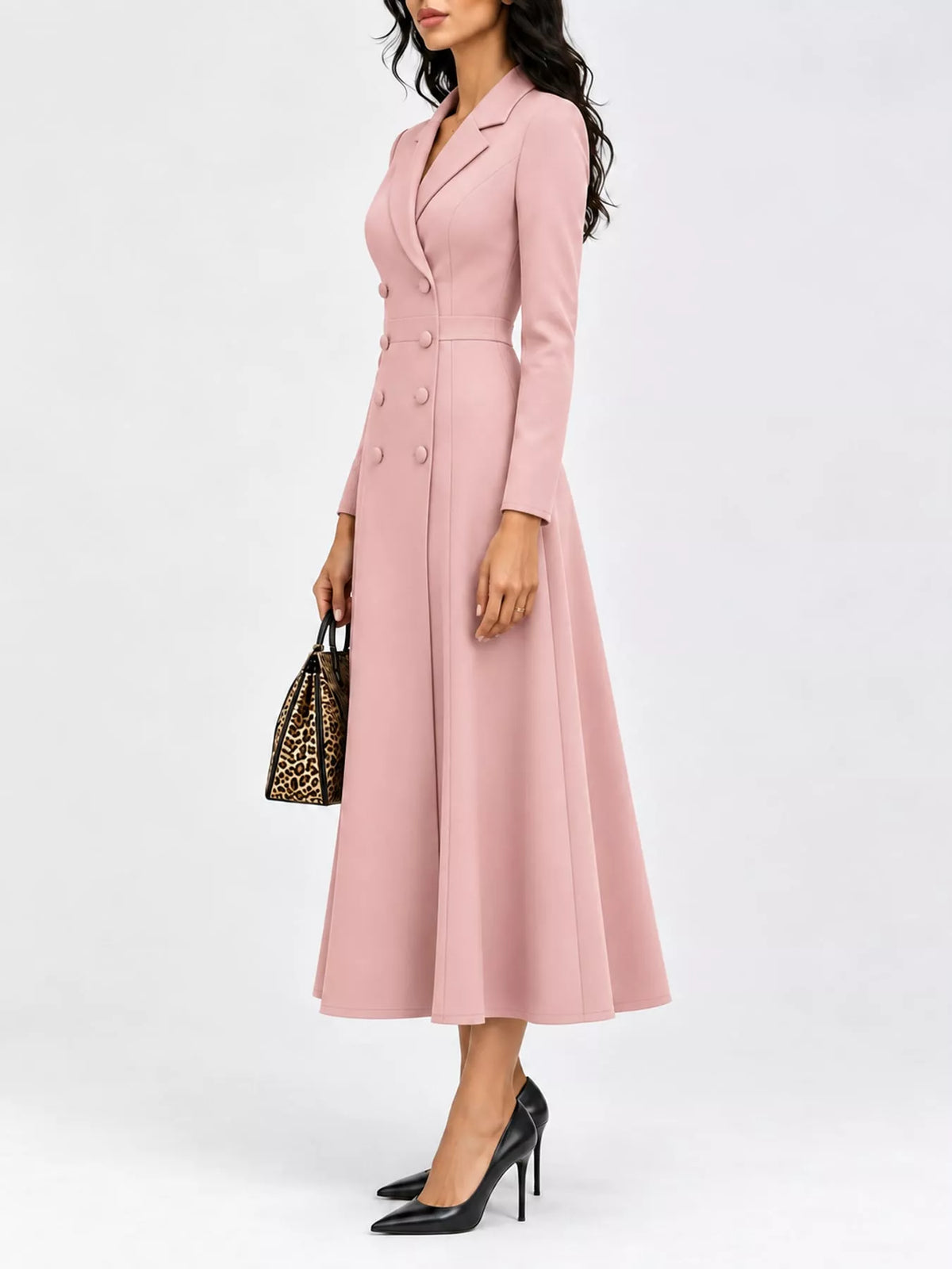 Pink double-breasted lapel collar midi dress — side view