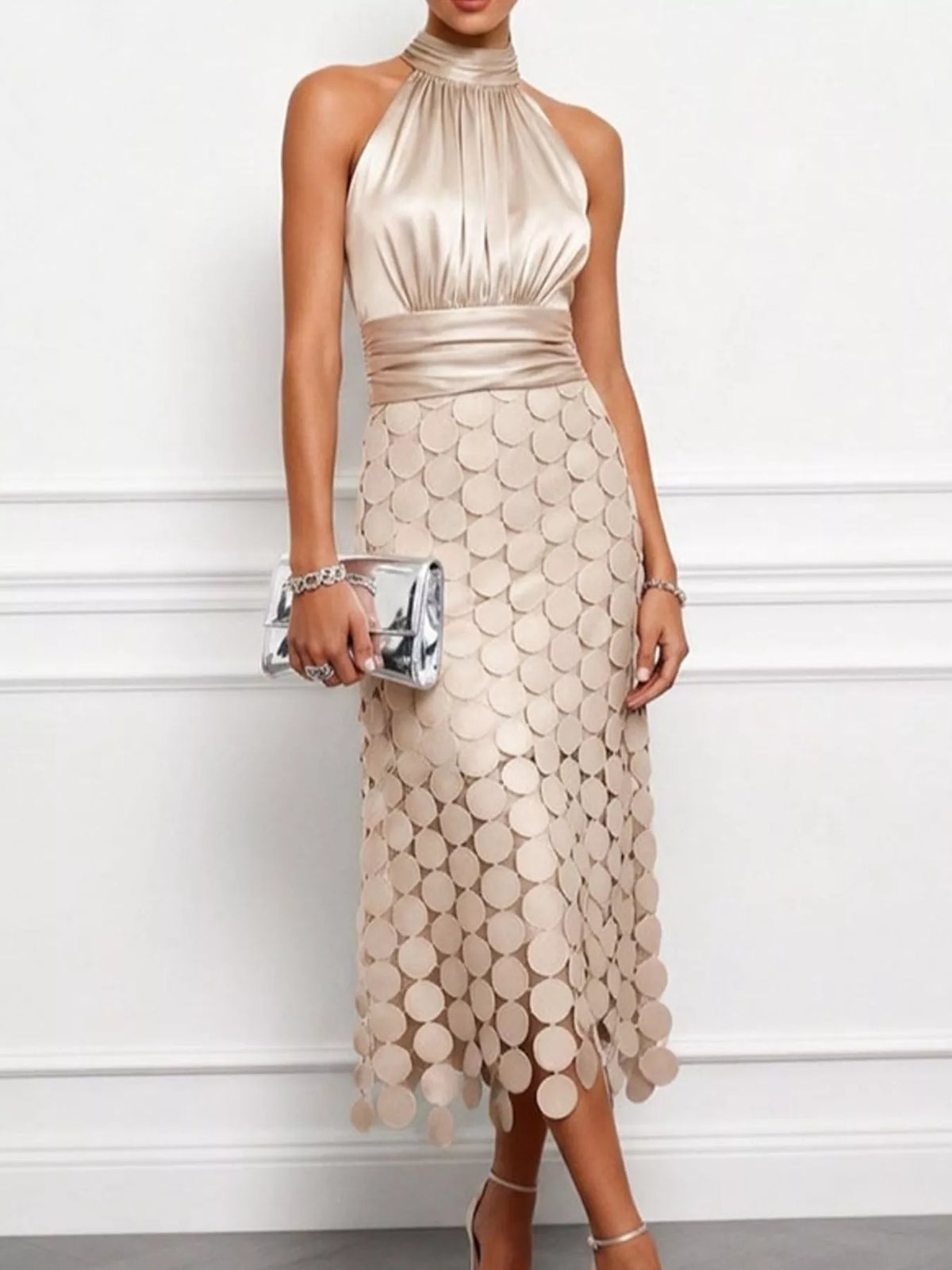 Circular Applique Sleeveless Midi Dress — front view