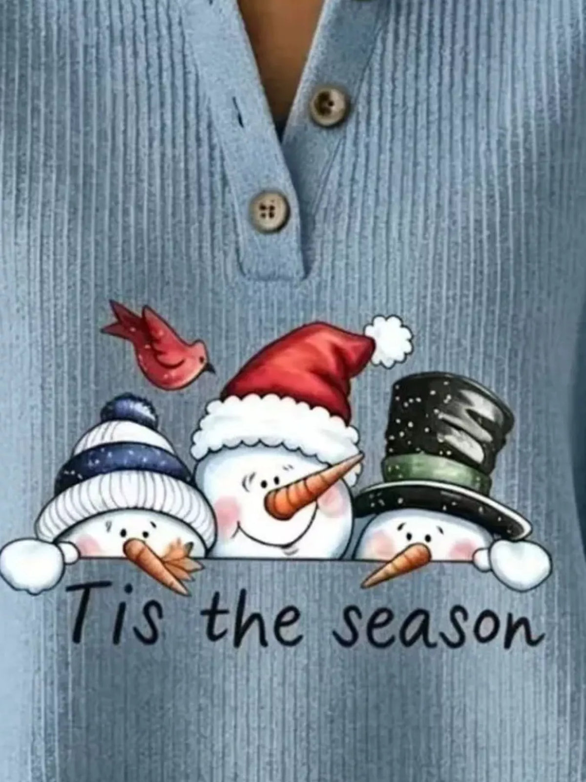 Snowman graphic ribbed Henley sweatshirt in blue, graphic and button detail