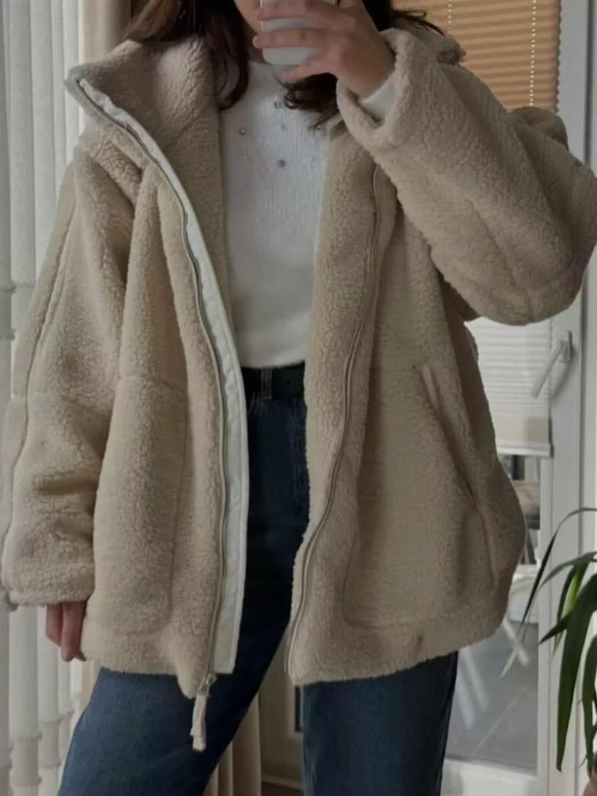 Taupe sherpa zip-up jacket