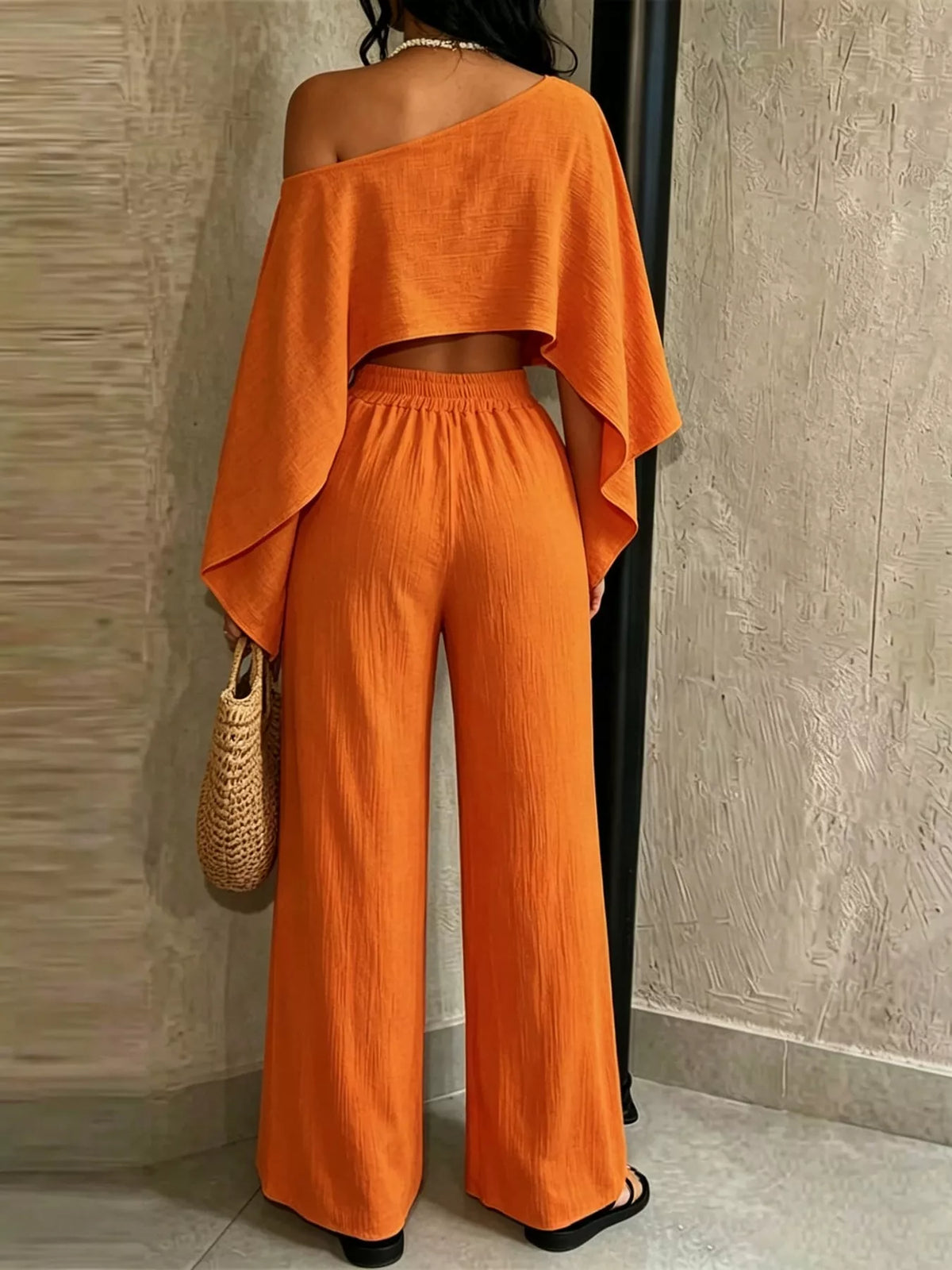 Women's Boat Neck Crop Top and Wide-Leg Pants Set in orange — back view