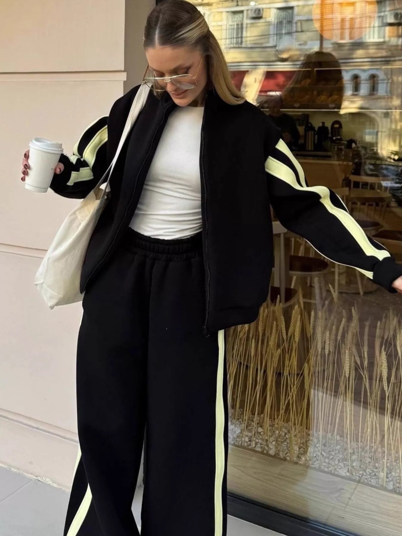 Trendsi Contrast Striped Zip Up Top and Pants Set -