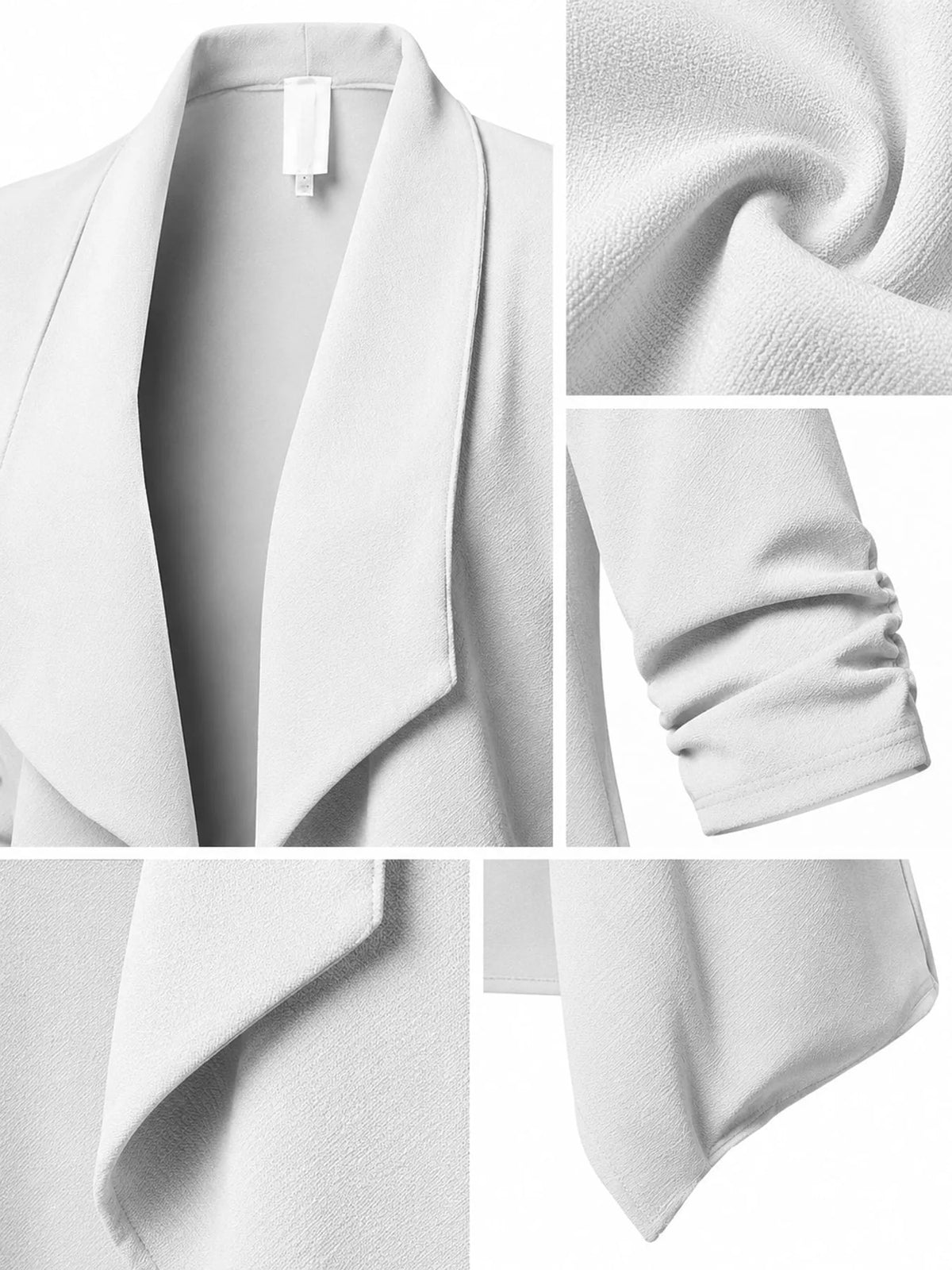 White open-front blazer with ruched 3/4 sleeves, draped lapels, gathered sleeves, and fabric texture