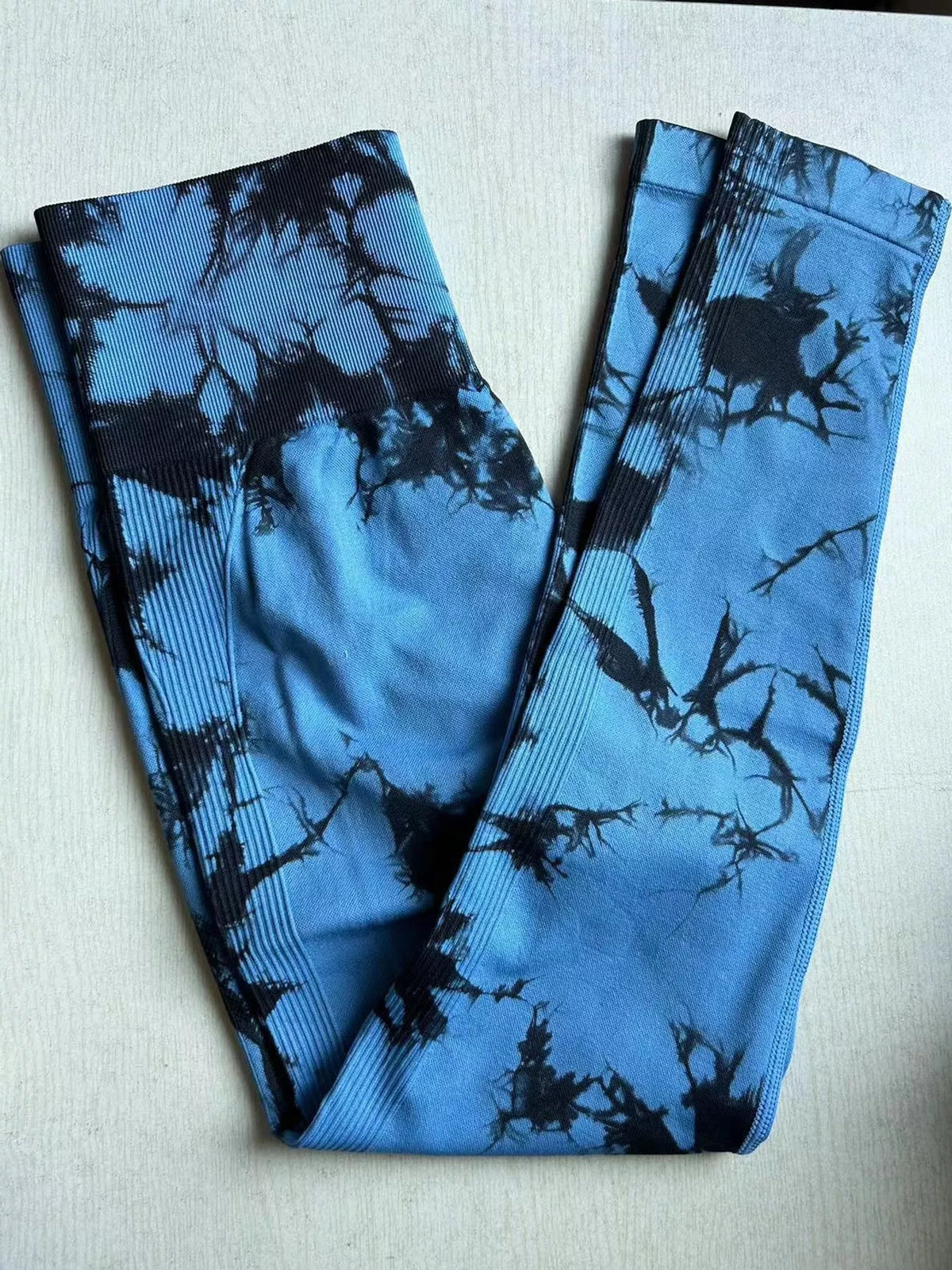 Sky Blue high-waisted tie dye seamless active leggings, detail view