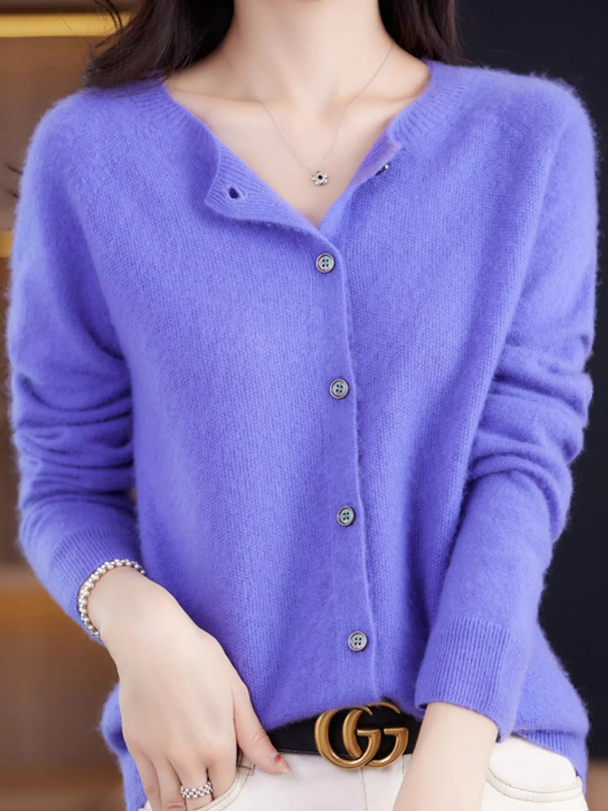 Round neck long sleeve cardigan, front view on model