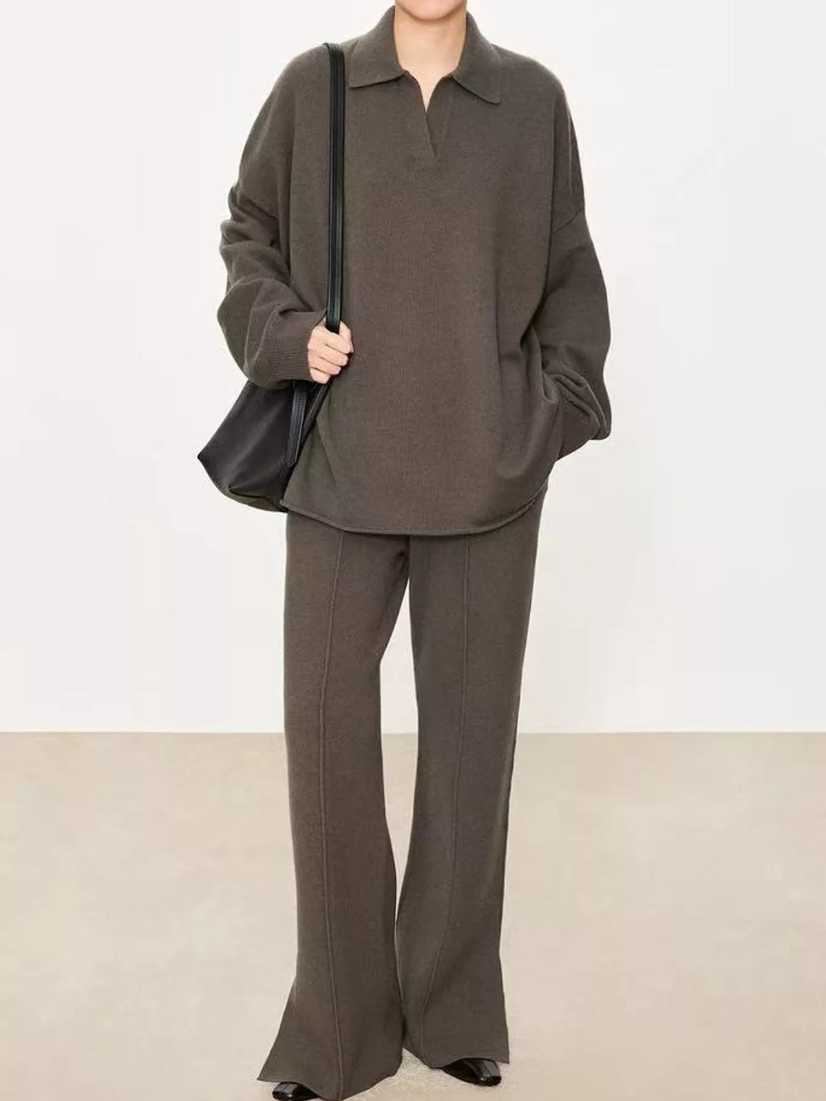 Brown dropped shoulder polo collar sweater