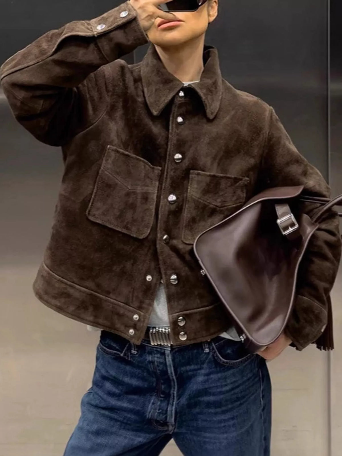 Brown-Turn-Down Collar Single-Breasted Suede Jacket vintage style suede button-down jacket